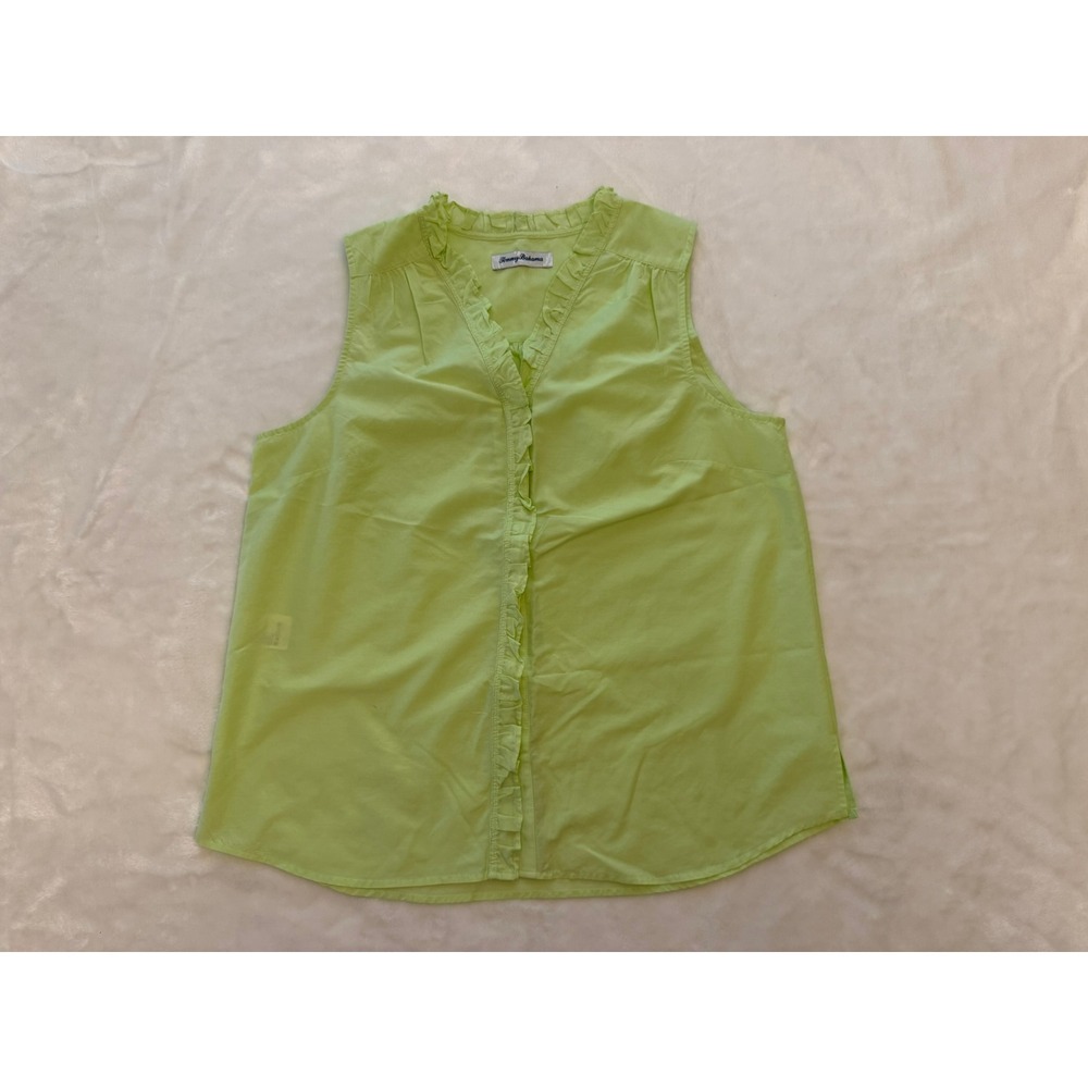 Tommy Bahama Lime Green Cotton Silk Ruffle V-Neck Sleeveless Blouse